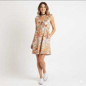 Vintage Y2K Ruffle Floral Babydoll Mini Dress Tie Front Cottagecore Boho S